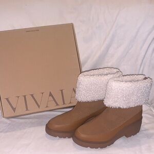 VIVAIA Elaine Faux Fur Platform Chunky Wedge Boots in Caramel Wool Water RPT